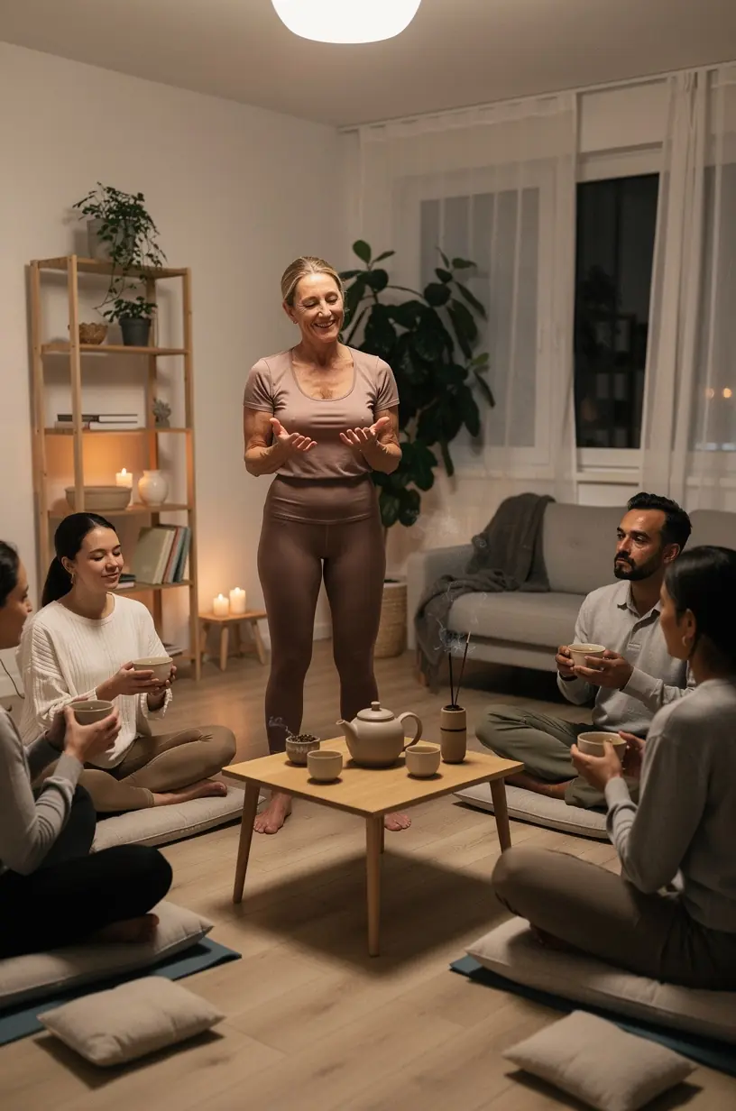 Csendes, meghitt környezet, ahol egy előkészített teafilter pihen egy porcelán csészében, relaxációs rituáléhoz.